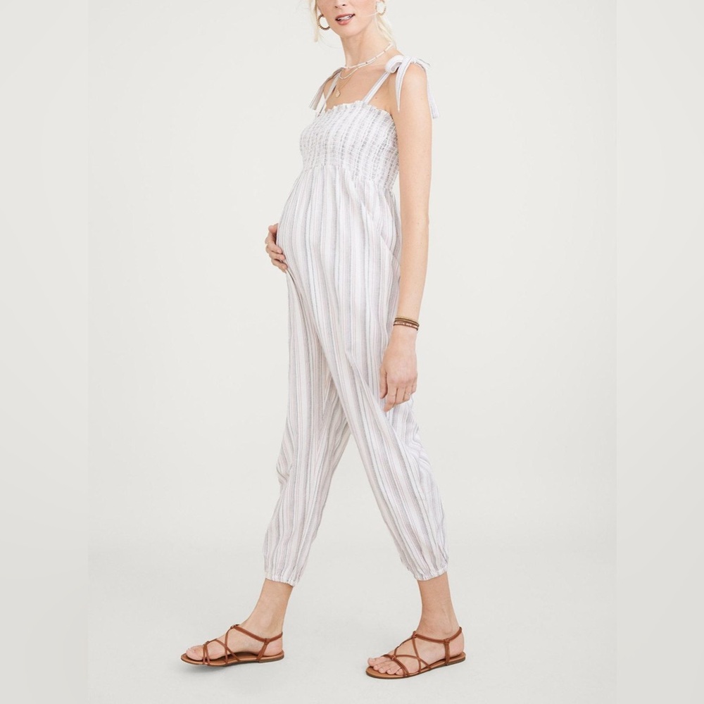 Hatch Maternity New Size 0 XS Jojo Jumpsuit Color Ivory Stripe‎ Cotton Smocked